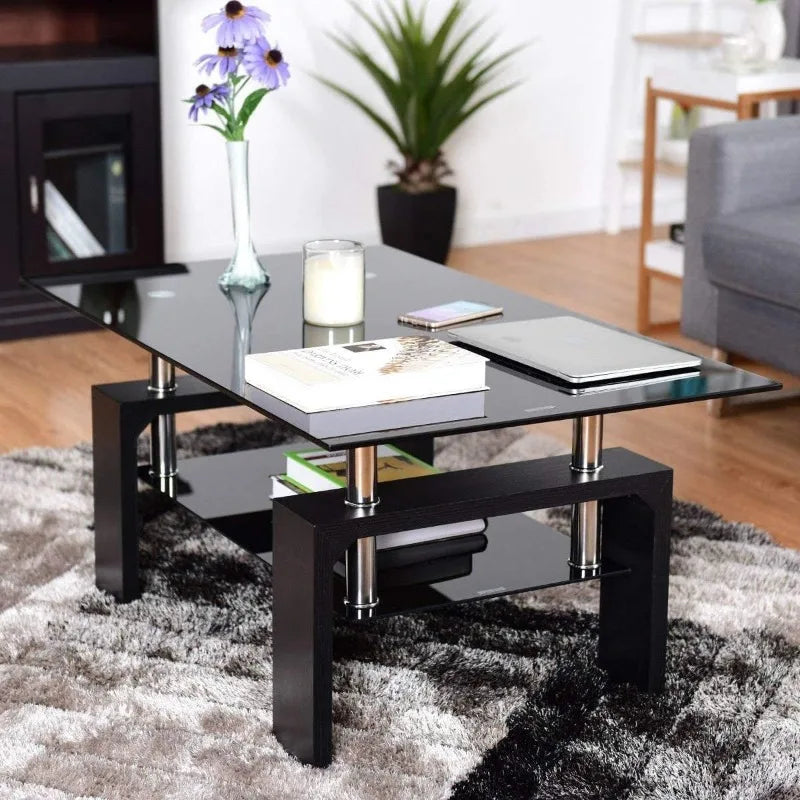 Rectangle Glass Coffee Table 2-Tier Tea Table Modern Side Coffee Table for Living Room