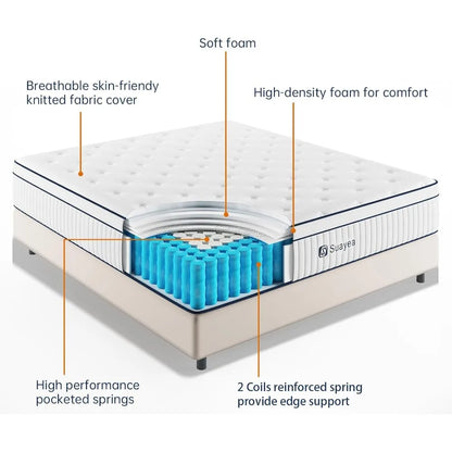 King Mattress 10 Inch, King Size Mattress in a Box, Hybrid Mattress with Pocket Spring and Soft Foam, Ultimate Motion Isolation