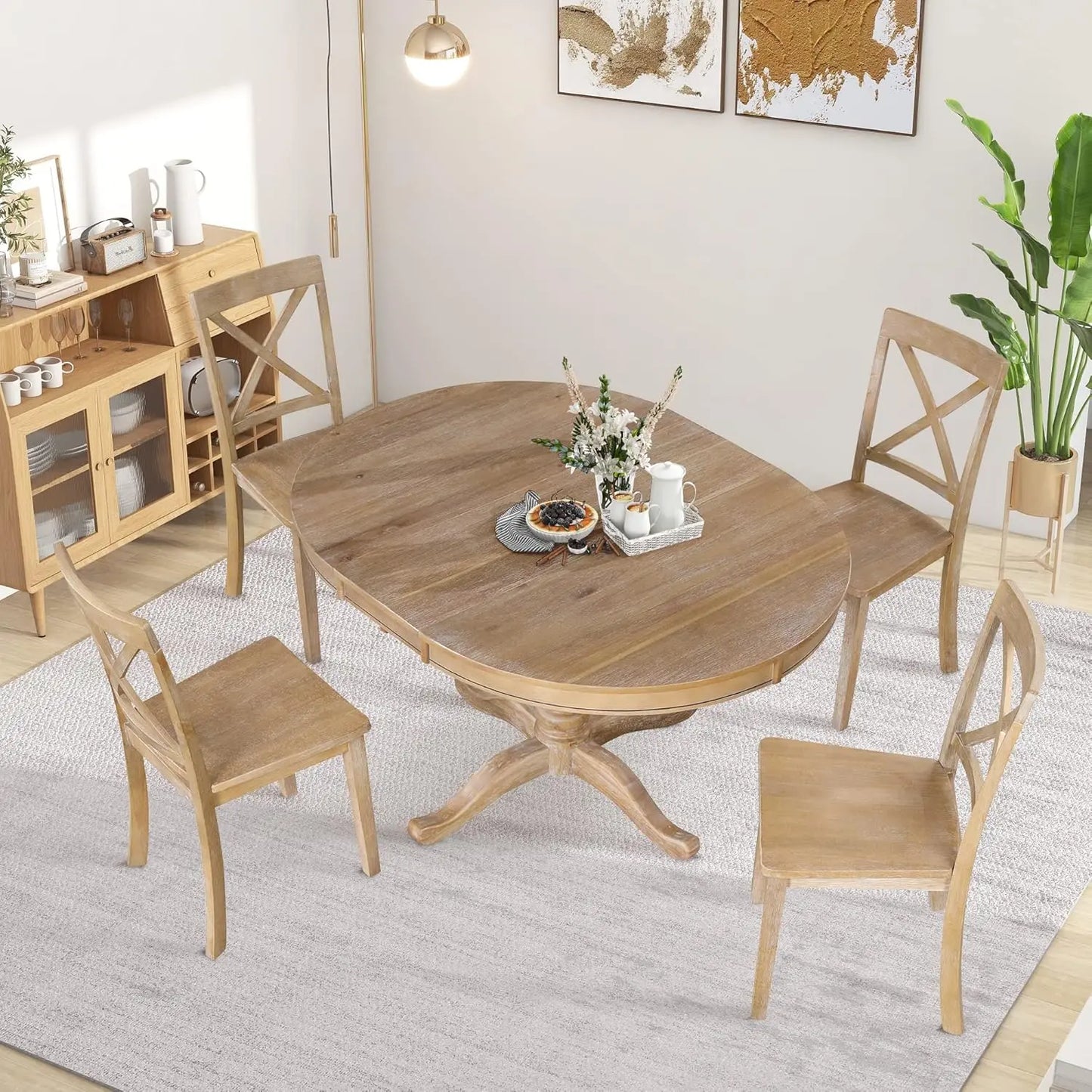 5-Piece Round Dining Table Set, Extendable Table with 4 Upholstered Chairs, Dining Room Table Sets, Kitchen Tables sets