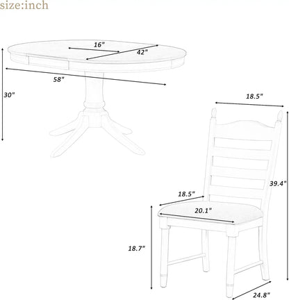 5-Piece Round Dining Table Set, Extendable Table with 4 Upholstered Chairs, Dining Room Table Sets, Kitchen Tables sets