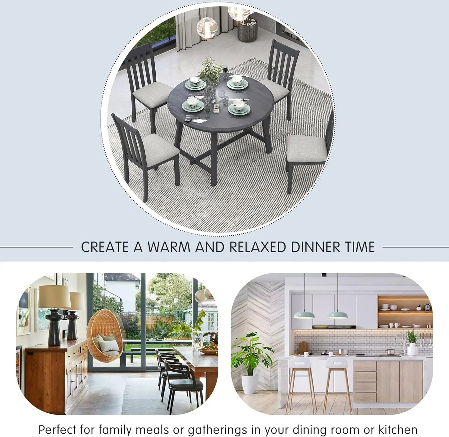 5-Piece Round Dining Table Set, Extendable Table with 4 Upholstered Chairs, Dining Room Table Sets, Kitchen Tables sets