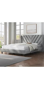 Queen Frame Upholstered Platform Bed With Fabric Headboard, Wing Edge Design/Non-Slip And Noise-Free/Wooden Slats