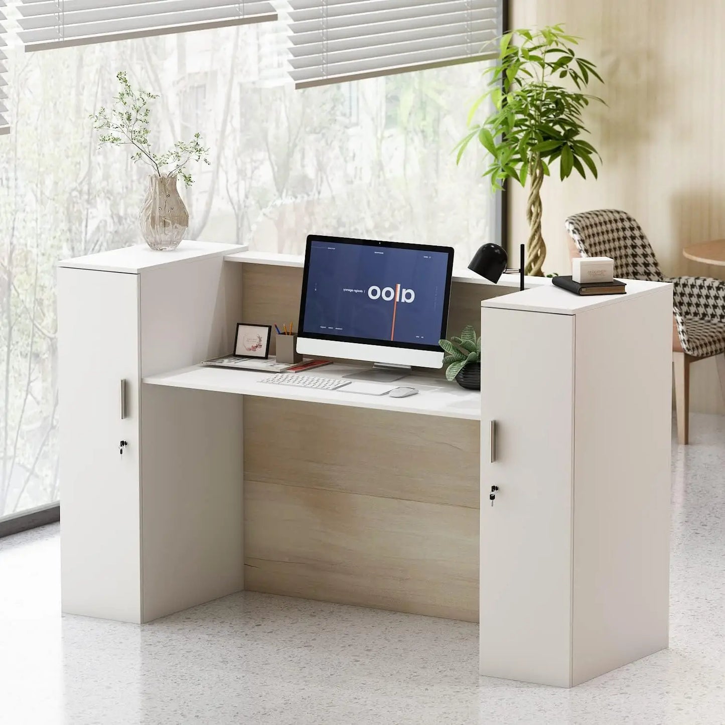 Reception Desk with Counter, Retail Counter with Private Lockable Storage&Adjustable Shelves, for Reception Room Checkout Office