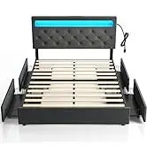 Twin Size Frame With LED Lights And Charging Station, Upholstered Bed Storage Headboard &Amp; Drawers, Heavy Duty