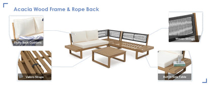 4 Piece Acacia Wood Patio Furniture Set, L-Shaped Outdoor Sectional Sofa with Coffee Table, Built-in Side Table, Cushions