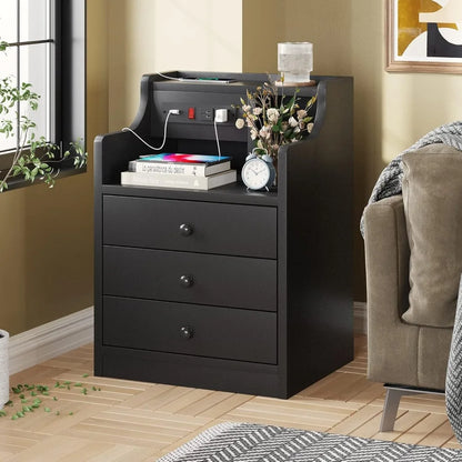 Nightstand with Charging Station,Black Night Stand for Bedroom,End Table with Hutch & Storage Drawers