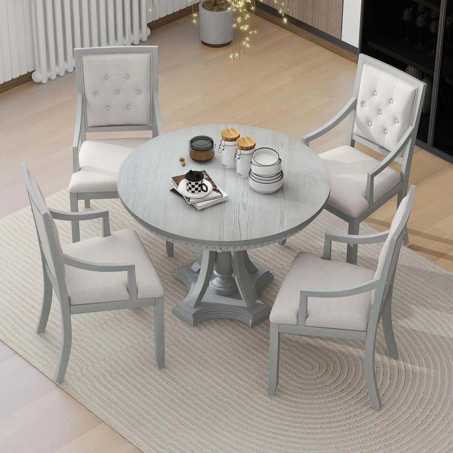 5-Piece Round Dining Table Set, Extendable Table with 4 Upholstered Chairs, Dining Room Table Sets, Kitchen Tables sets