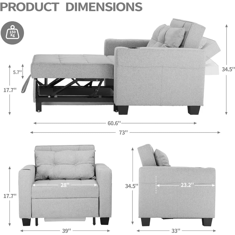 Living Room Recliners, 39 Inch Futon Chair Bed Convertible Chair 3-in-1Pull Out Sleeper Chair Beds, Livings Rooms Sofa Recliners