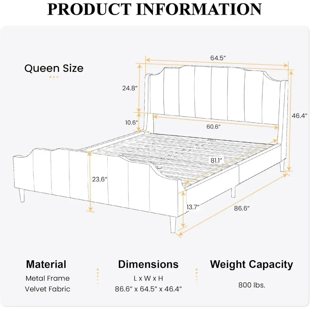 Queen Size Bed Frame with Modern Curved Velvet Headboard, Strong Wood Slat Support, Upholstered Queen Bed Frame