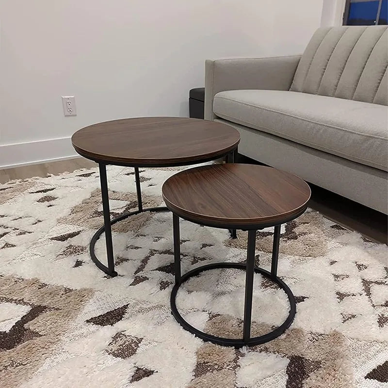 Coffee Table Nesting White Set of 2 Side Set Golden Frame Circular and Marble Pattern Wooden Tables, Living Room Bedroom