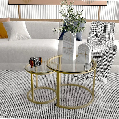 Coffee Table Nesting White Set of 2 Side Set Golden Frame Circular and Marble Pattern Wooden Tables, Living Room Bedroom