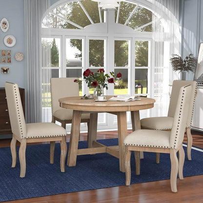 5-Piece Round Dining Table Set, Extendable Table with 4 Upholstered Chairs, Dining Room Table Sets, Kitchen Tables sets