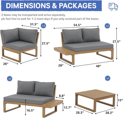 4 Piece Acacia Wood Patio Furniture Set, L-Shaped Outdoor Sectional Sofa with Coffee Table, Built-in Side Table, Cushions