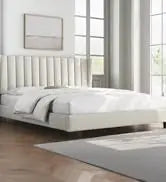 Queen Frame Upholstered Platform Bed With Fabric Headboard, Wing Edge Design/Non-Slip And Noise-Free/Wooden Slats