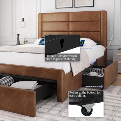 Queen Size Bed Frame with USB Charging Station/Port Storage Drawers,Leather Upholstered Platform Bed with Headboard