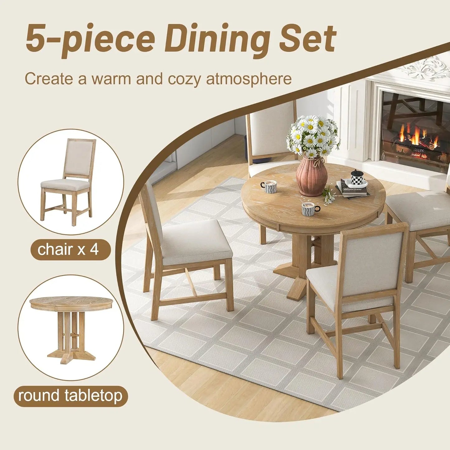 5-Piece Round Dining Table Set, Extendable Table with 4 Upholstered Chairs, Dining Room Table Sets, Kitchen Tables sets