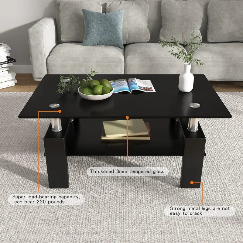 Rectangle Glass Coffee Table 2-Tier Tea Table Modern Side Coffee Table for Living Room