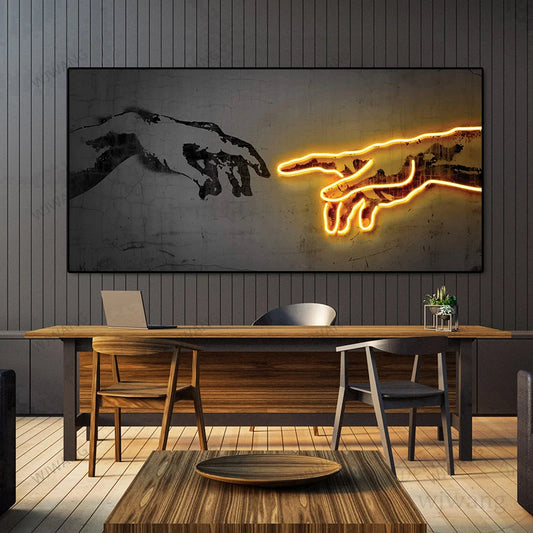 Neon Light Art Canvas Print Hand of God Artwork Abstract Posters and Prints Canvas Wall Art Pictures for Living Room Home Decor