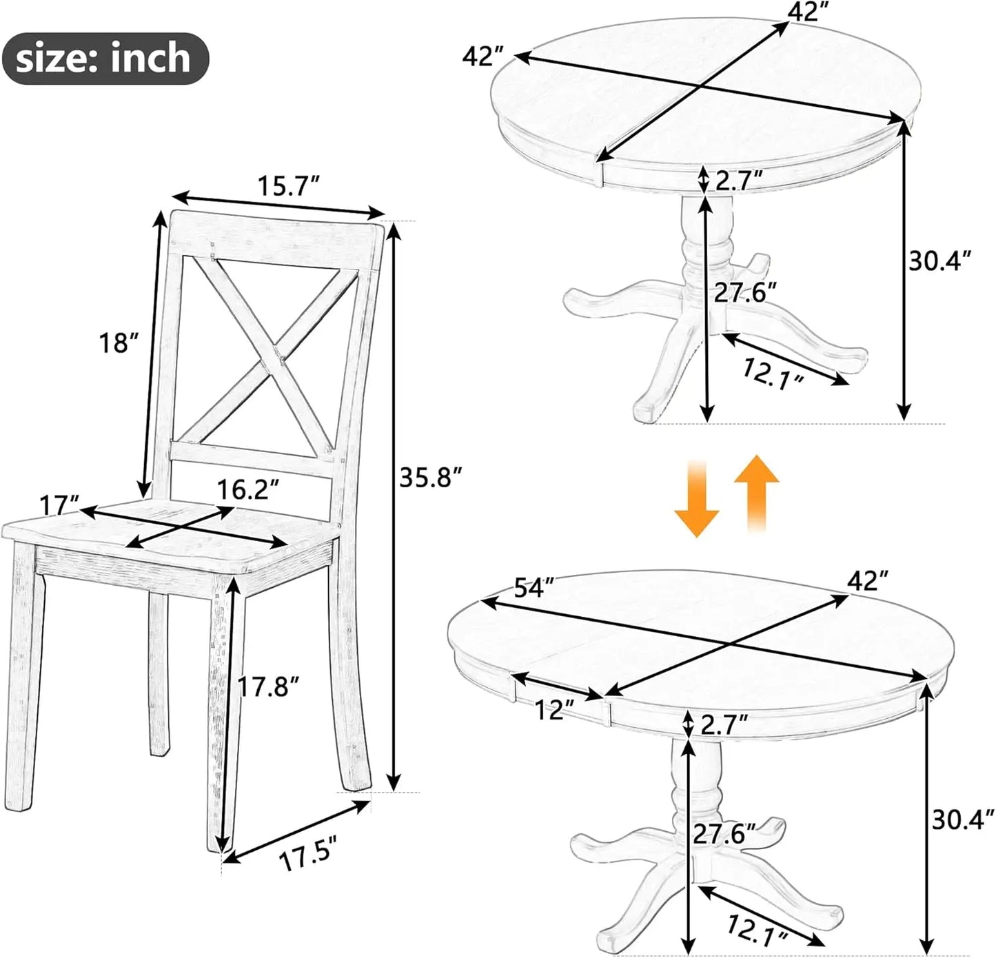 5-Piece Round Dining Table Set, Extendable Table with 4 Upholstered Chairs, Dining Room Table Sets, Kitchen Tables sets