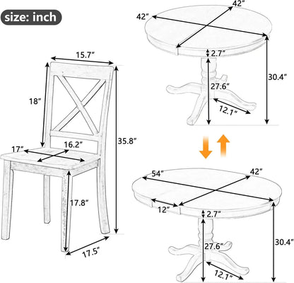 5-Piece Round Dining Table Set, Extendable Table with 4 Upholstered Chairs, Dining Room Table Sets, Kitchen Tables sets