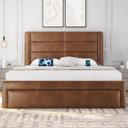 Queen Size Bed Frame with USB Charging Station/Port Storage Drawers,Leather Upholstered Platform Bed with Headboard