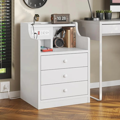 Nightstand with Charging Station,Black Night Stand for Bedroom,End Table with Hutch & Storage Drawers