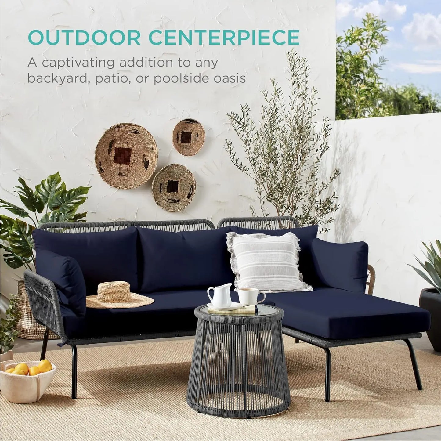 Outdoor Rope Woven Sectional Patio Furniture, L-Shaped Conversation Sofa Set, Thick Cushions, Detachable Lounger, Side Table