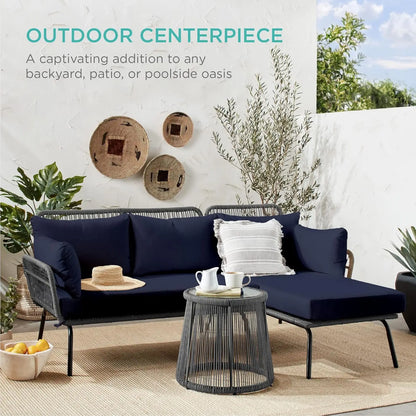 Outdoor Rope Woven Sectional Patio Furniture, L-Shaped Conversation Sofa Set, Thick Cushions, Detachable Lounger, Side Table