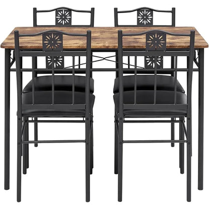 Kitchen Dining Room Table Sets for 4, 5 Piece Metal and Wood Rectangular Breakfast Nook,Dinette with Chairs,Brown