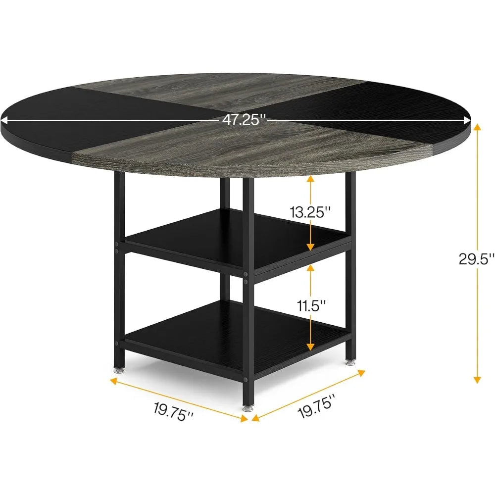 47 inch Round Dining Table for 4, Dinner Table with Storage Shelf Metal Legs for Home Dining Room Living Room(Only Table)