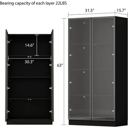 Display Cabinet with Glass Doors and Lights, 4-Tier Storage Shelves, Pop-up Design,  Display Case Cabinet Black