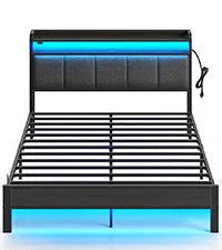 Twin Size Frame With LED Lights And Charging Station, Upholstered Bed Storage Headboard &Amp; Drawers, Heavy Duty