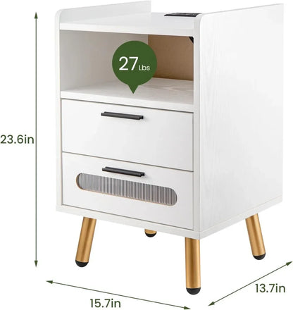 Night Stand with 2 Drawers, End Table with USB/Type-C Ports and Outlets, Modern High Gloss Nightstand for Bedroom