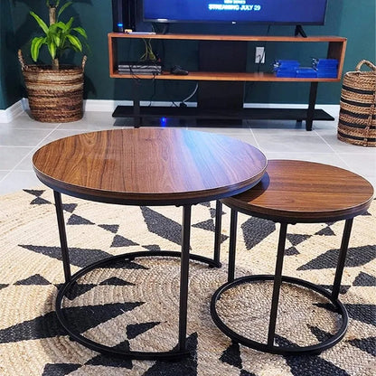 Coffee Table Nesting White Set of 2 Side Set Golden Frame Circular and Marble Pattern Wooden Tables, Living Room Bedroom