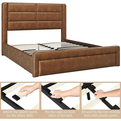 Queen Size Bed Frame with USB Charging Station/Port Storage Drawers,Leather Upholstered Platform Bed with Headboard