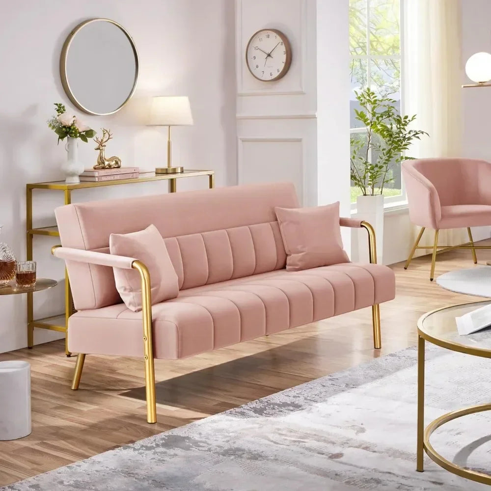 56.5" W Modern Loveseat 2 Seater Sofa Luxurious Velvet Fabric Couch with Gold-Tone Metal Arms and Legs for Bedroom, Studio Pink