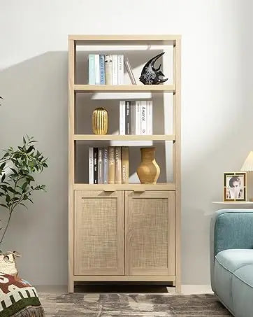 Bookshelf 5 Tier Book Shelf Rattan Boho Tall Bookcase with Doors Storage Wood Shelves Large Bookshelves Farmhouse Bookca