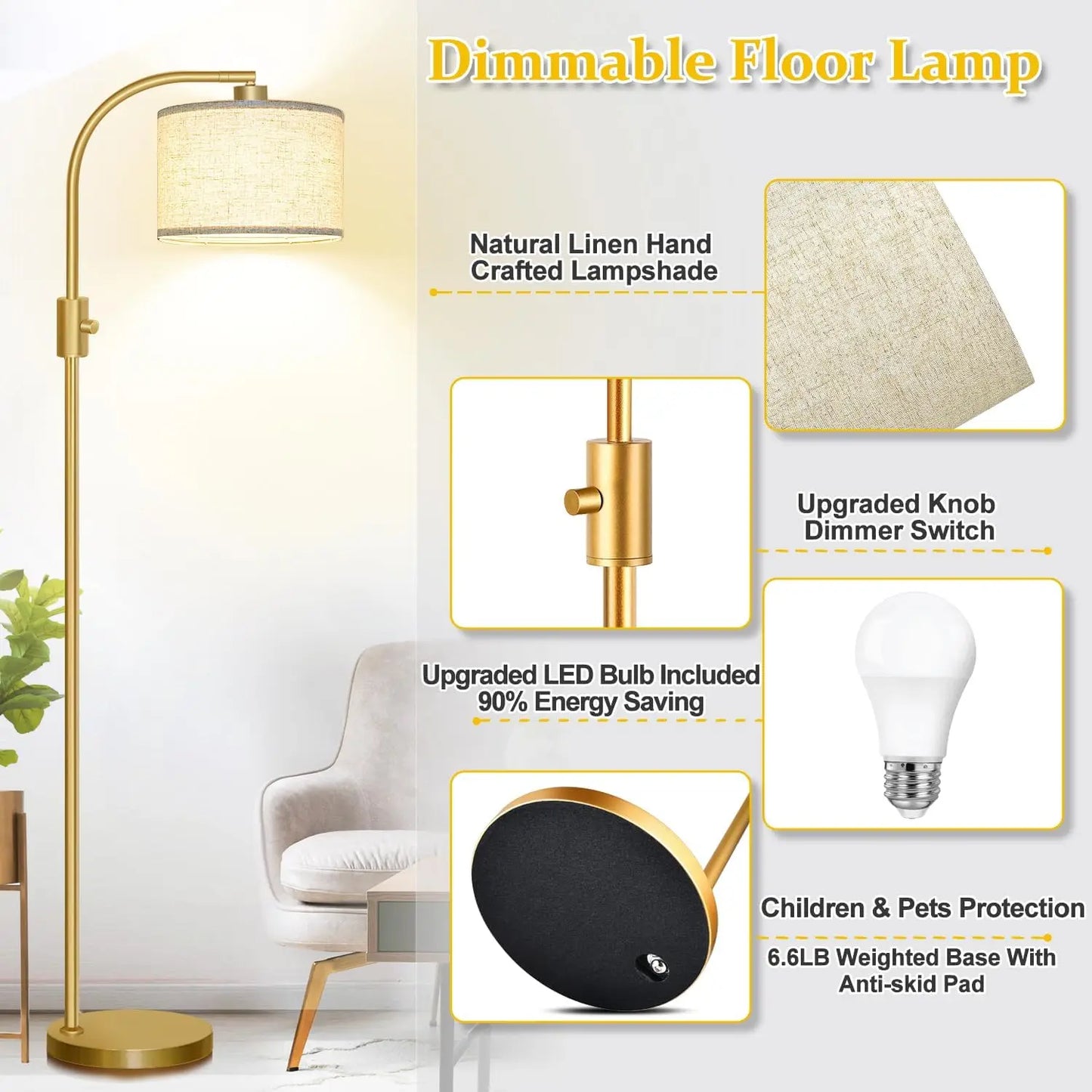 【Upgraded】 Dimmable Floor Lamp, 1200 Lumens LED Bulb Included, Gold Arc Floor Lamps for Living Room Modern Standing Lamp w