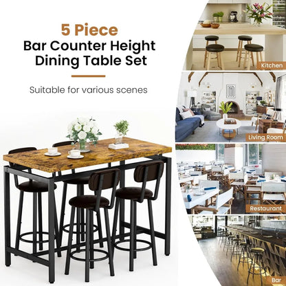 Recaceik Dining Table Set for 4 Bar Kitchen Table and Chairs for 4, Counter Height Dinner Table with 4 PU Leather Upholstered