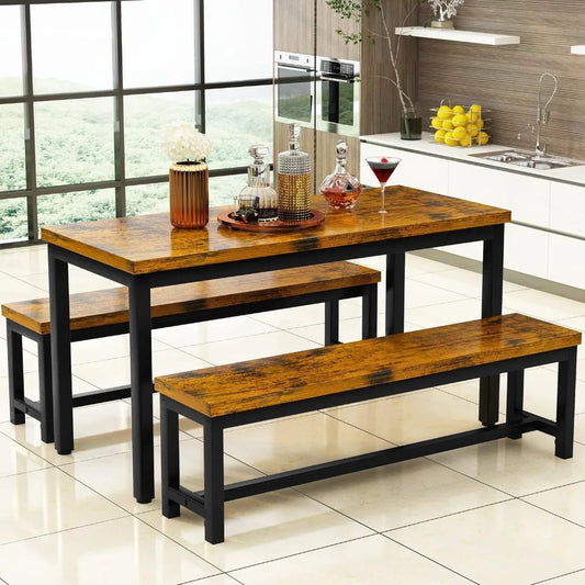 Dining Room Table Set, Kitchen Set with 2Benches, Ideal for Home, and Room, Breakfast of 43.3x23.6x28.5inches  wooden table top