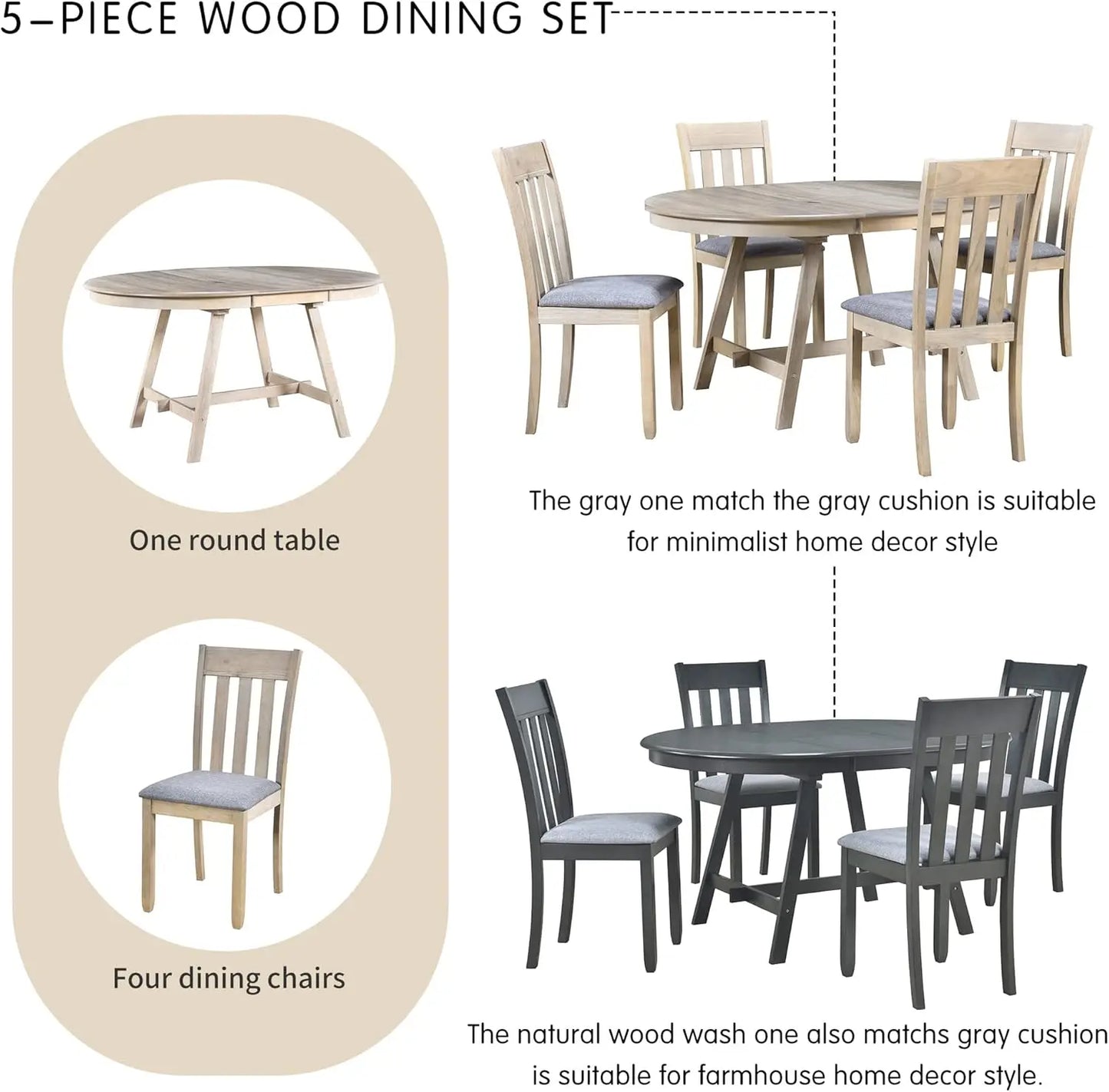 5-Piece Round Dining Table Set, Extendable Table with 4 Upholstered Chairs, Dining Room Table Sets, Kitchen Tables sets