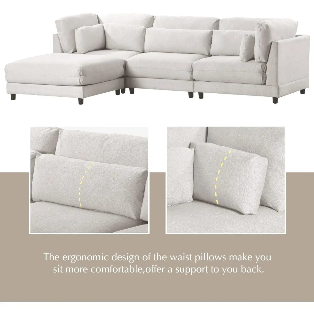 Living Room Sofas with Reversible Chaise, Ottoman & 2 Pillows, 4 Seat Upholstered Modular Sectional Couch Set, L-Shaped Sofas