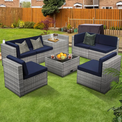 8 Pieces Outdoor Wicker Rattan Patio Furniture, Sectional Set, Glass Top Table, 7 Sofa Sections, Oversized Cushions