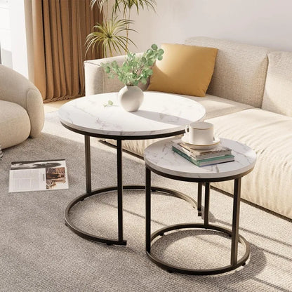 Coffee Table Nesting White Set of 2 Side Set Golden Frame Circular and Marble Pattern Wooden Tables, Living Room Bedroom