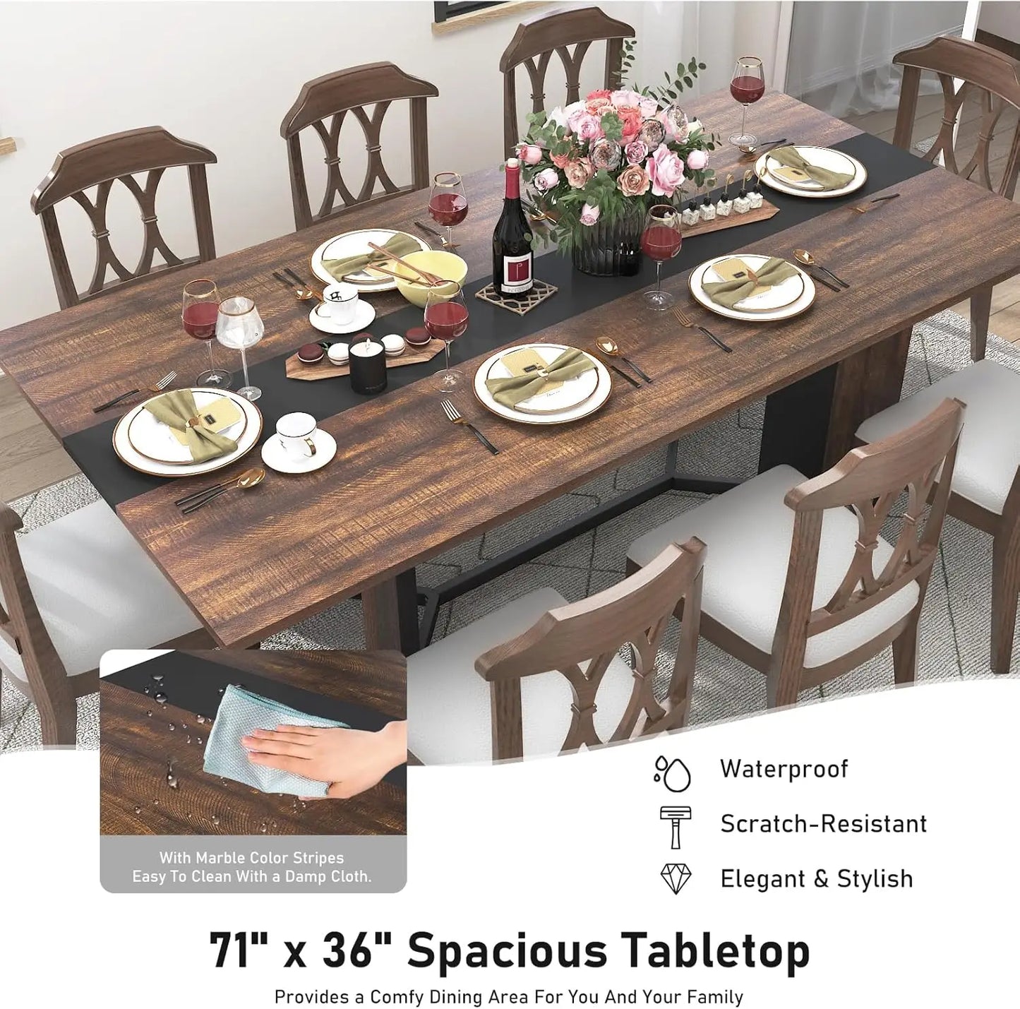 71In Large Rectangular White Dining Table for 4 5 6 7 8 People w/35 Wood Watrproof Tabletop,Adjustable Leg.6ft Luxurious Family