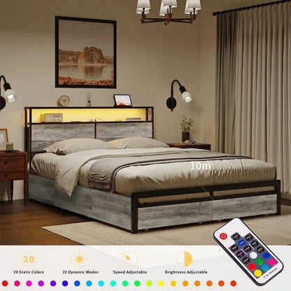 Bed Frame with Storage Headboard and 4 Drawers LED Lights Metal Platform Non-Slip without Noise Mattress Foundation Strong