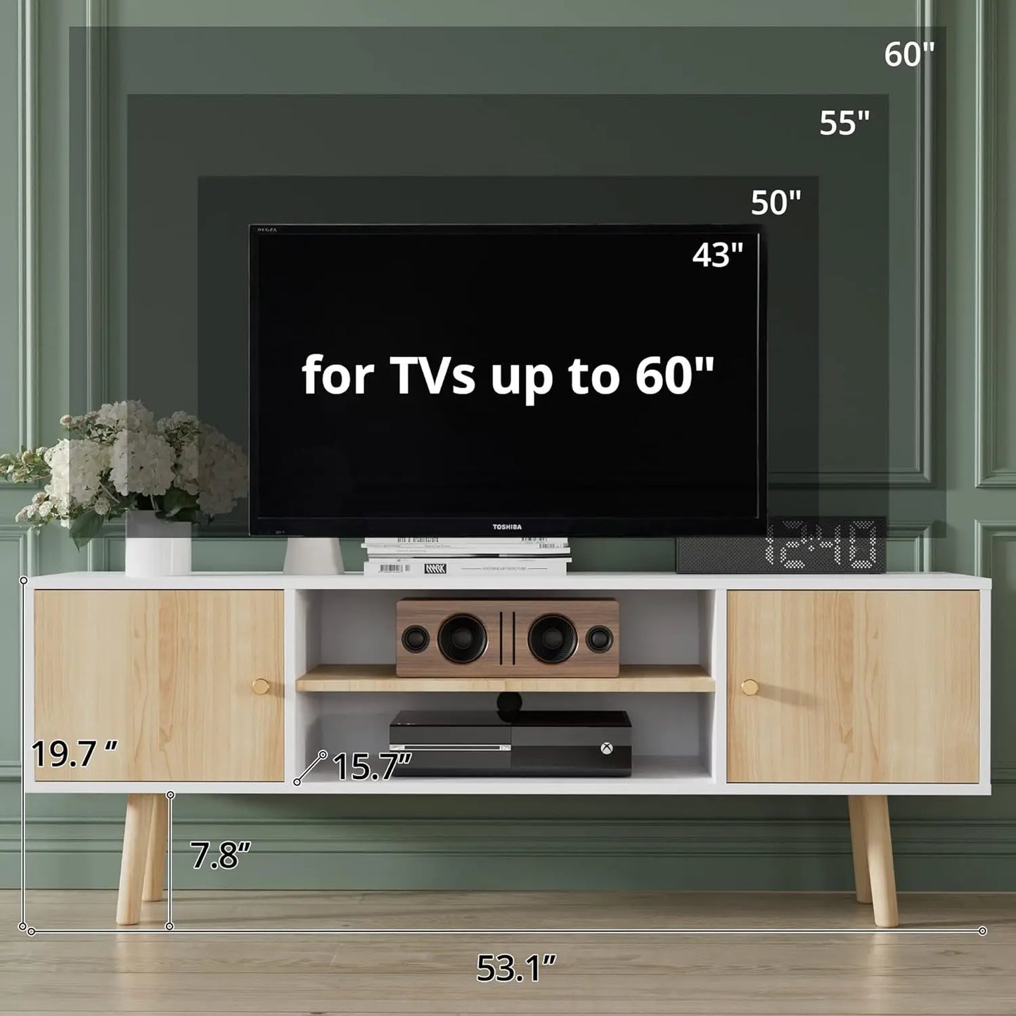 Wood TV Stand for 50/55/60 inch TV, Modern Rustic Entertainment Center with Large Storage, Media Console Tables for Living Room