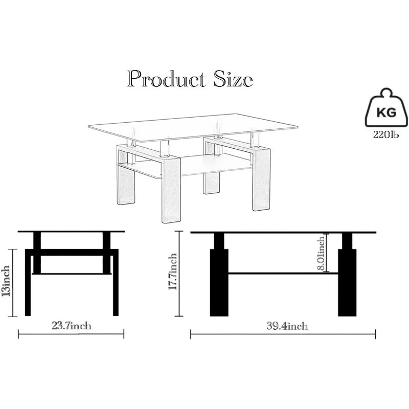 Clear Glass Coffee Table Metal Tube (All-Black)