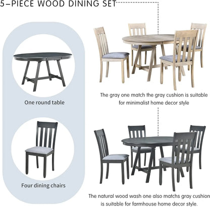 5-Piece Round Dining Table Set, Extendable Table with 4 Upholstered Chairs, Dining Room Table Sets, Kitchen Tables sets