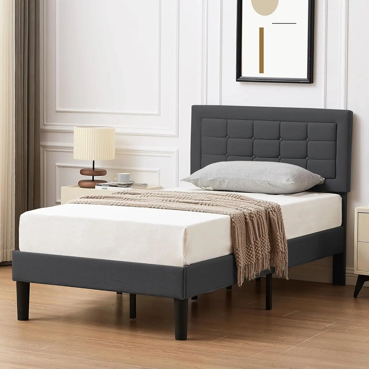 Twin Size Upholstered Bed Frame with Height Adjustable Fabric Headboard Heavy Duty Platform Bedframe Mattress Foundation Strong